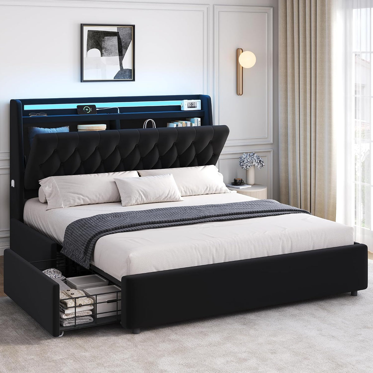 queen led velvet bed frame with 2 storage, main product view