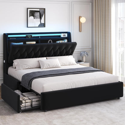 queen led velvet bed frame with 2 storage, main product view