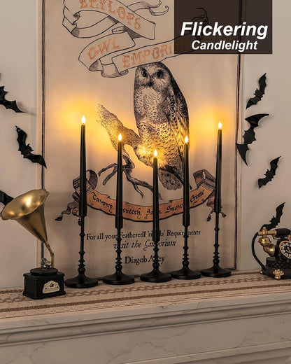 Homemory 12 Pcs Black Flameless Taper Candles Flickering, NO Remote, 11 Inches Taper Candles Battery Operated, Realistic Electric LED Candlesticks Made of Plastic for Halloween Party Home Decor