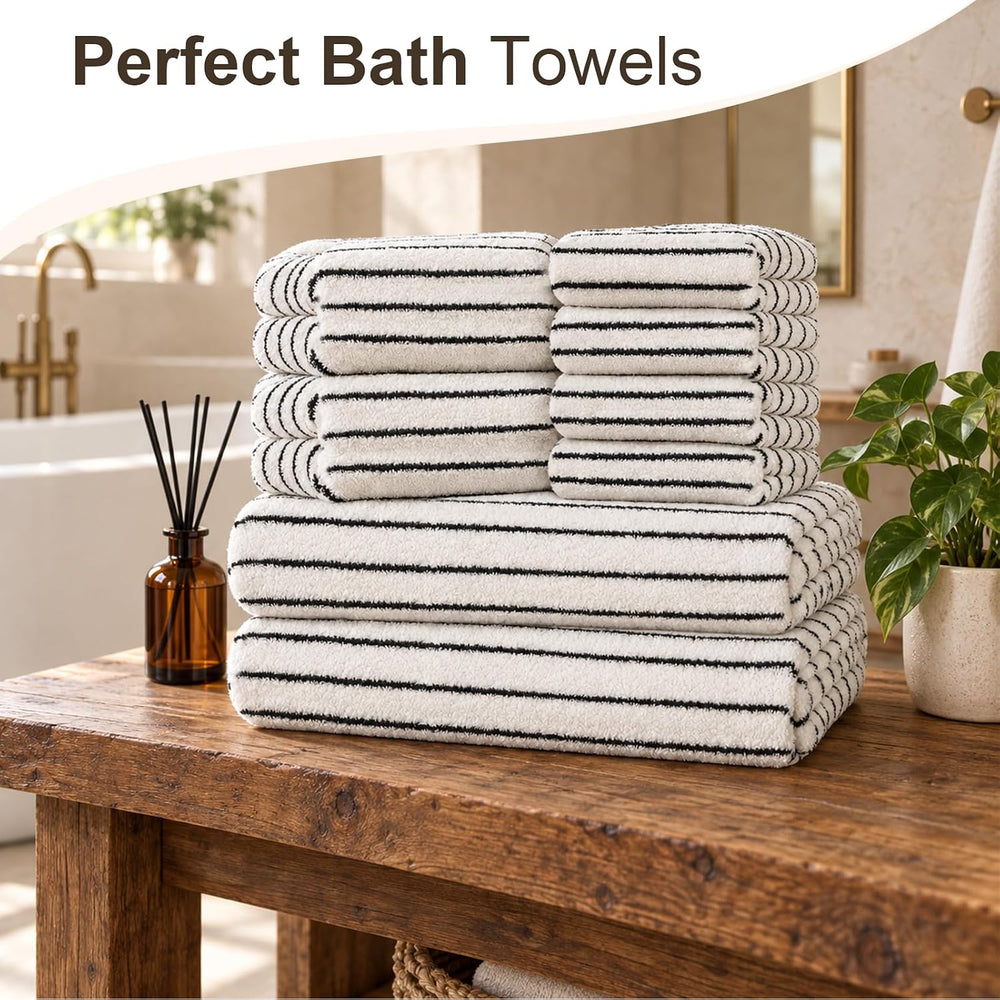 Striped Bath Towels Set of 2 Cotton Classic Black and Ivory Stripe Towels
