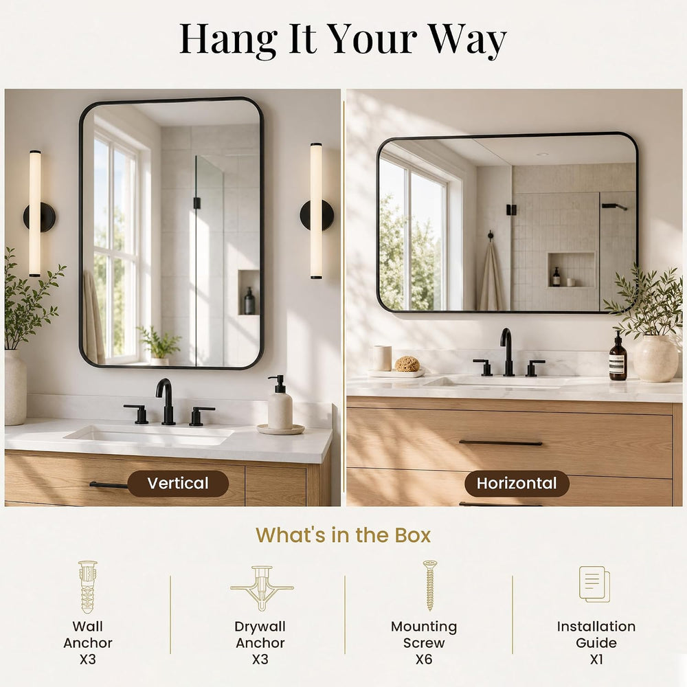 2-Pack 22x30 Inch Matte Black Rounded Rectangle Vanity Mirrors