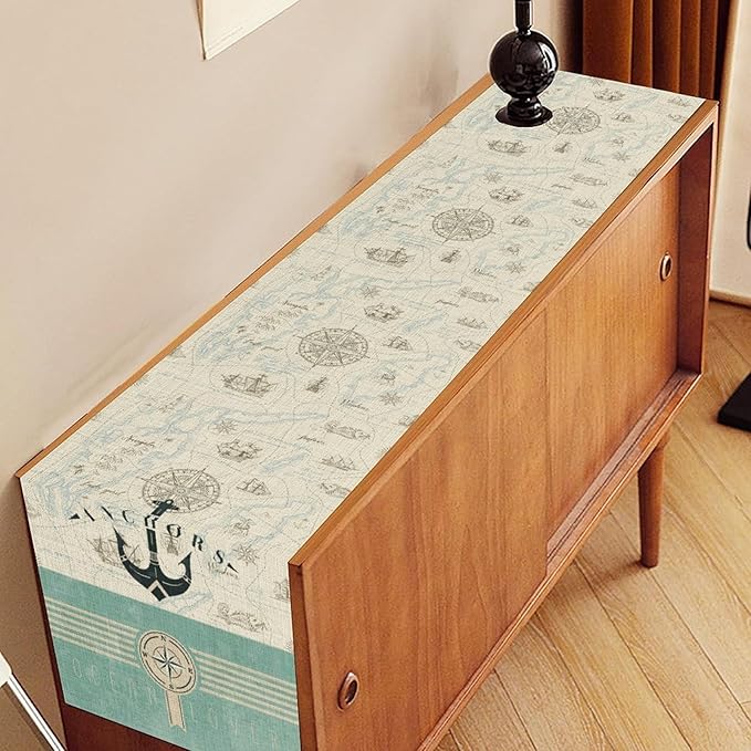Nautical Table Runner, Retro Coastal Ship Anchor Treasure Map Compass Vintage - Image 3