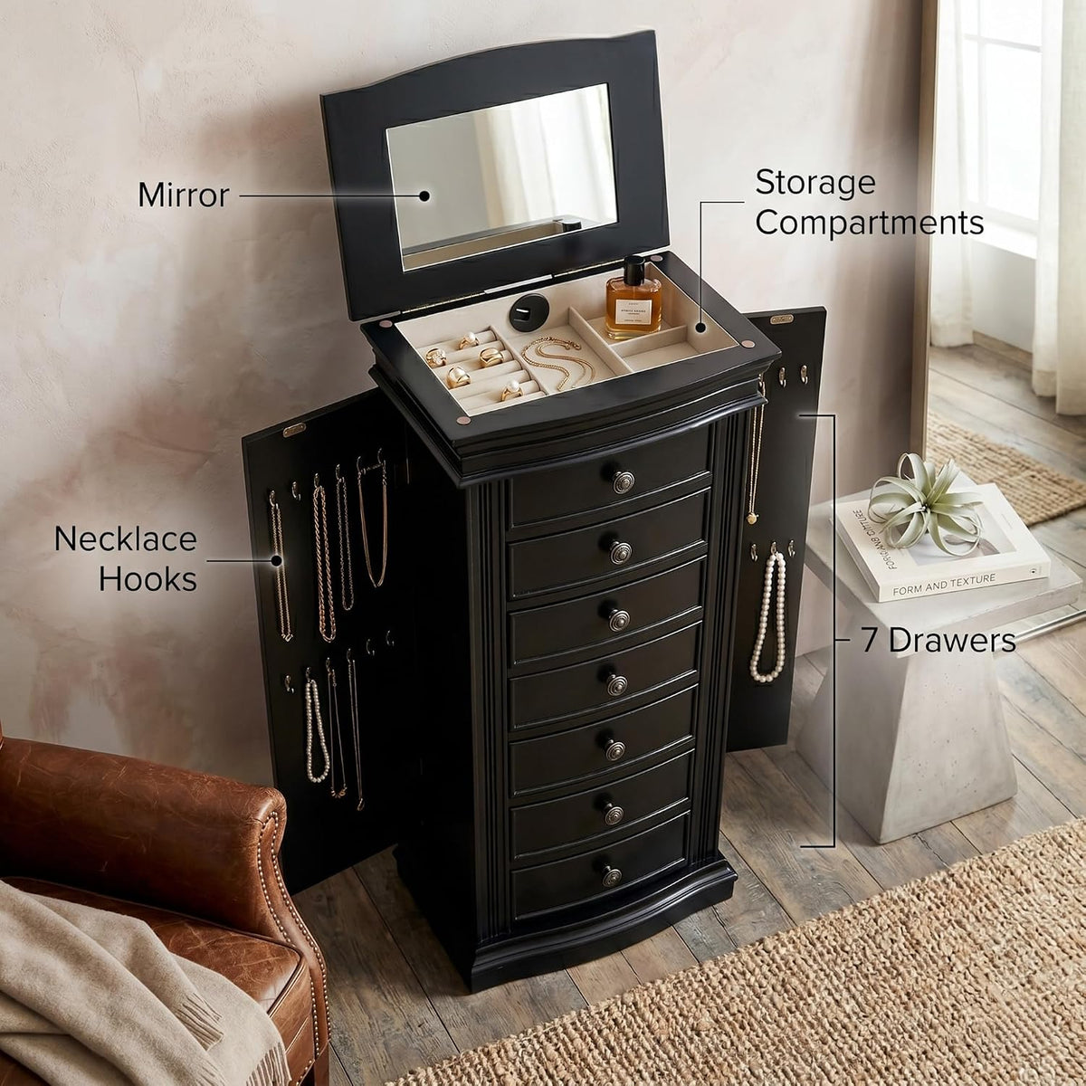 hives and honey luke standing jewelry armoire, side view