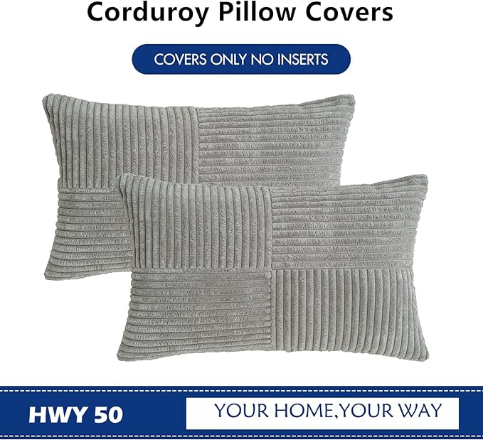HWY 50 Gray Grey Corduroy Patchwork Throw Pillow Covers 12x20 Inch Rectangle - Image 7