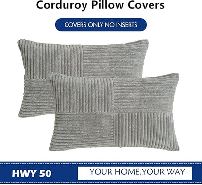 HWY 50 Gray Grey Corduroy Patchwork Throw Pillow Covers 12x20 Inch Rectangle - Image 7