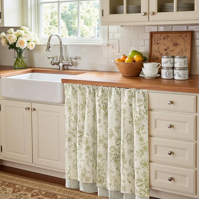 jinchan Linen Kitchen Curtain 36 Inch French Floral Double Layer Curtain - Image 3