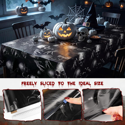 Kochorie 100 Ft x 54 Inch Halloween Graveyard Skeleton Tablecloth Roll with Cutter Box Waterproof Plastic Horror Theme Skeleton Ghouls Photography Backdrop for Halloween Spooky Party Decor