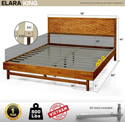 acacia elara wood bed frame with cnc-carved headboard shown in use