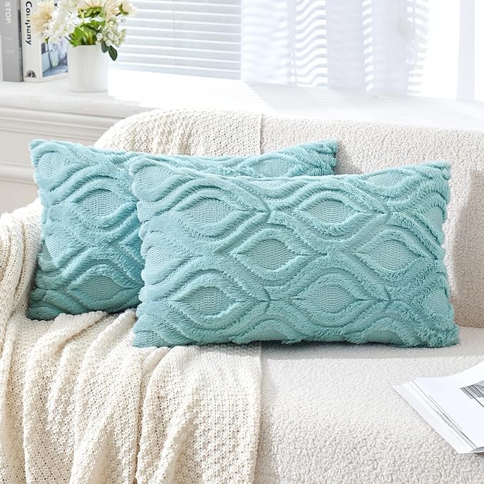 MIULEE Sky Blue Throw Pillow Covers 12x20 Inch, Soft Winter Plush Faux Wool by MIULEE