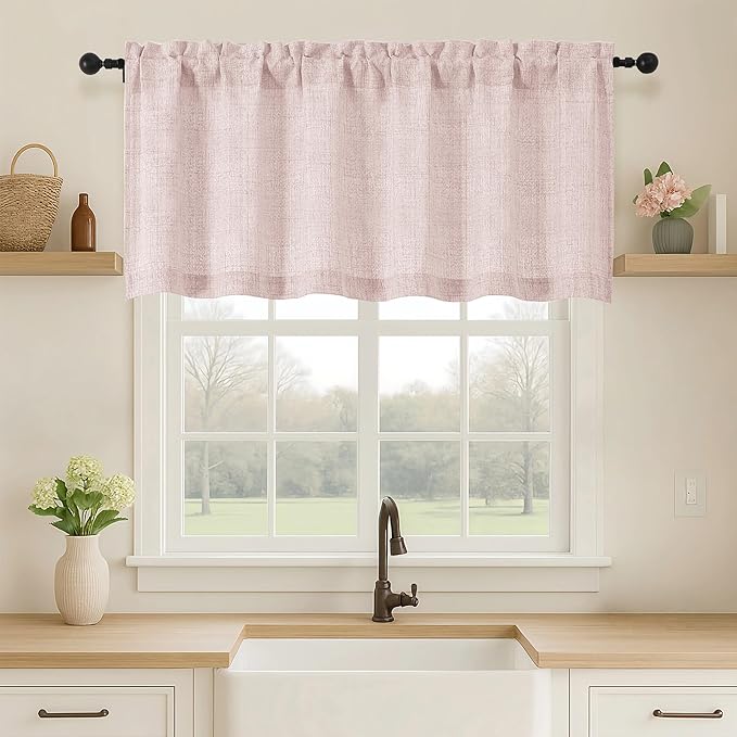 OVZME Blush Pink Valance for Windows, Light Filtering Faux Linen Textured Small by OVZME