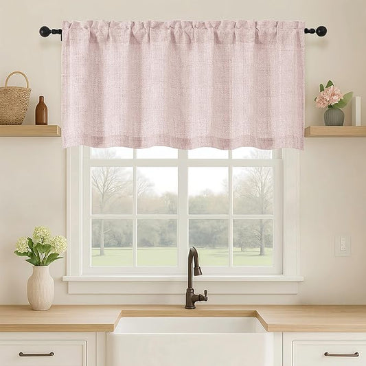 OVZME Blush Pink Valance for Windows, Light Filtering Faux Linen Textured Small by OVZME
