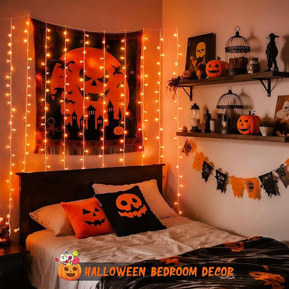 JMEXSUSS 300LED Orange Halloween Lights with Remote, 9.8x9.8ft Halloween Curtain Light, 8 Modes Orange Hanging String Lights Plug in for Fall Bedroom Thanksgiving Window Party Indoor Outdoor Decor