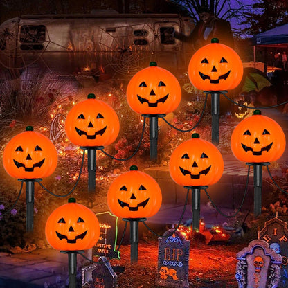 2 Sets 7Ft Halloween Pathway Lights Outdoor Pumpkin Stake Light with 4 Jack-O Lantern Pumpkin Lights and 4 Stakes for Halloween Decorations Outdoor Walkway Pathway Driveway Garden Yard Lawn Light