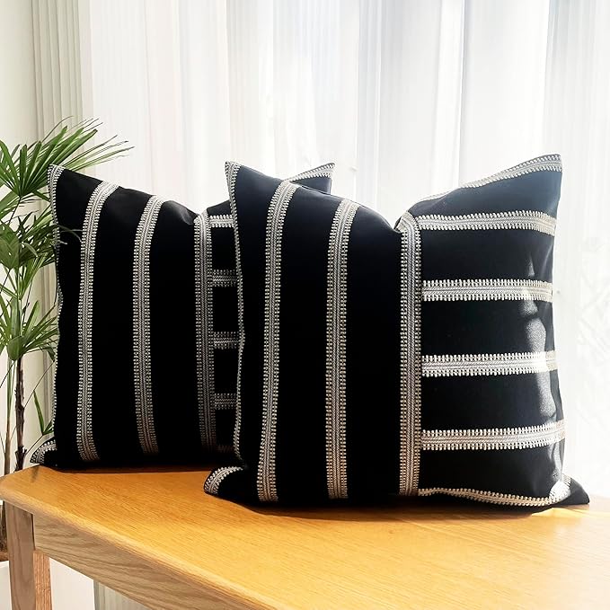 Slow Cow Linen Black and Off White Patchwork Stripe Throw Pillow Cover Cushion - Image 2