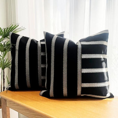Slow Cow Linen Black and Off White Patchwork Stripe Throw Pillow Cover Cushion - Image 2