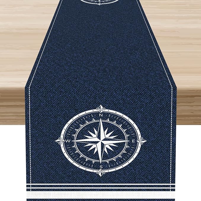 Nautical Compass Table Runner，Retro Coastal Sailing Compass Vintage Navy Blue by Unknown