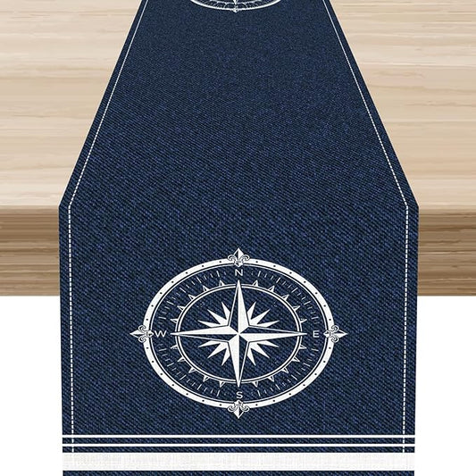 Nautical Compass Table Runner，Retro Coastal Sailing Compass Vintage Navy Blue by Unknown