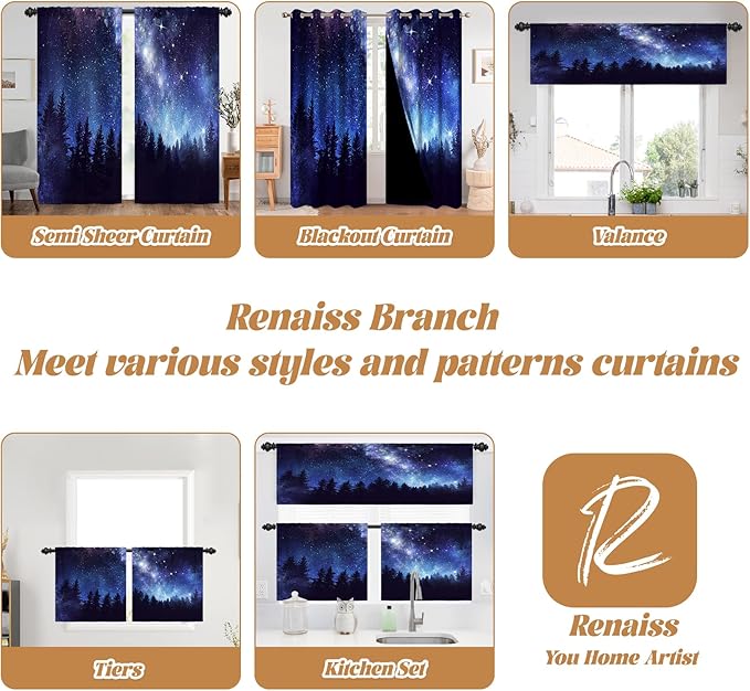 Renaiss 26 x 24 Inch Galaxy Forest Kitchen Tier Curtains Starry Sky Twinkle - Image 8