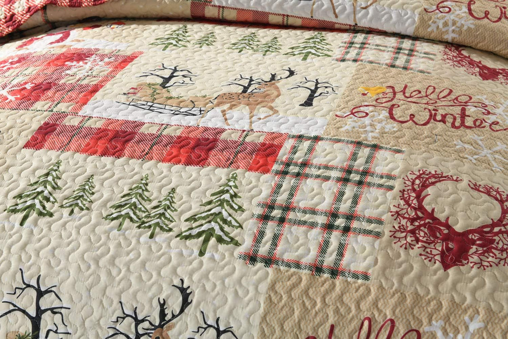 MarCielo Christmas Reindeer Plaid Quilt Set Red Patchwork Bedding Bedspread