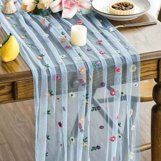 Artoid Mode Blue Embroidery Daisy Spring Gauze Table Runner 59x120 Inch 10FT by ArtoidMode