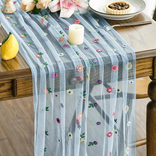 Artoid Mode Blue Embroidery Daisy Spring Gauze Table Runner 59x120 Inch 10FT by ArtoidMode