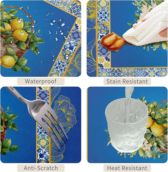 70x90inches Blue and Yellow Rectangle Tablecloth Summer Fruit Lemon Boho Floral - Image 4