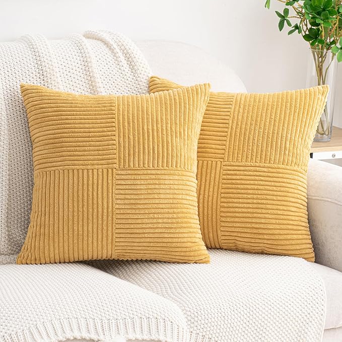 HWY 50 Mustard Yellow Corduroy Patchwork Throw Pillow Covers 18x18 Inch by HWY50