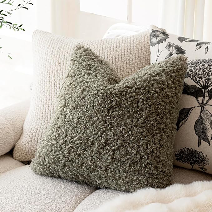 Foindtower 2 Pieces 26x26 Inch Sage Green, Faux Fur Throw Pillow Cover Accent - Image 3