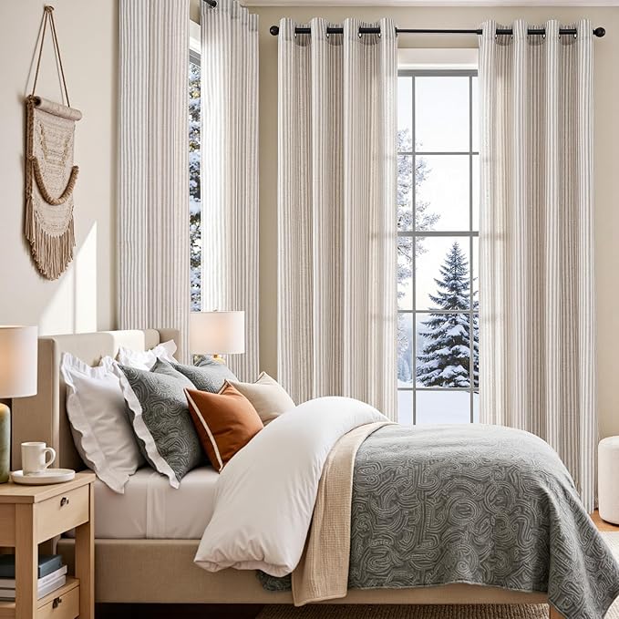Vangao Linen Striped Grey Curtains Boho Tickingstripe Light Filtering Window - Image 5