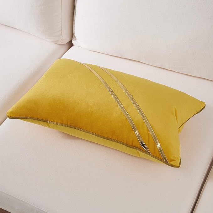 Avigers 12 x 20 Inch Yellow Gold Leather Striped Lines Velvet Cushion Case - Image 3