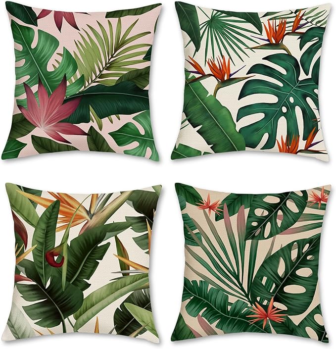 Bonhause Tropical Leaves Throw Pillow Covers 18x18 Set of 4 Green Palm Leaf by Bonhause