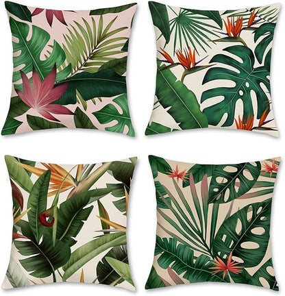 Bonhause Tropical Leaves Throw Pillow Covers 18x18 Set of 4 Green Palm Leaf by Bonhause