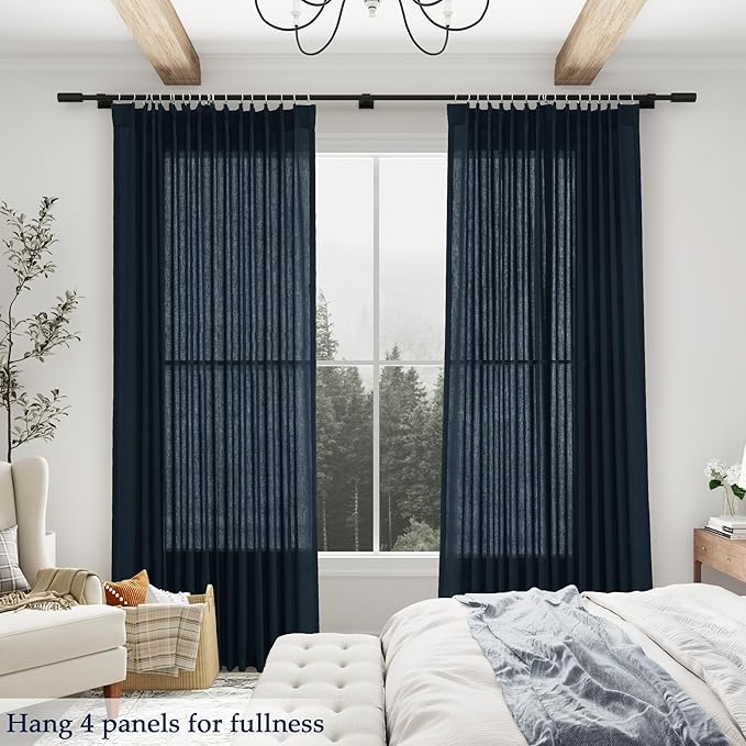 Navy Blue Pinch Pleated Linen Curtains 84 Inch Length 2 Panels - Image 2