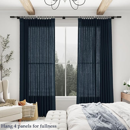 Navy Blue Pinch Pleated Linen Curtains 84 Inch Length 2 Panels - Image 2
