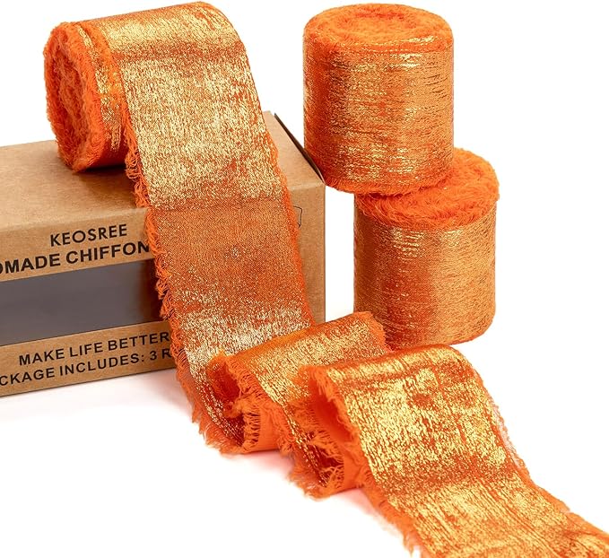 Orange Silk Chiffon Ribbon, Terracotta Frayed Shimmery Silk Ribbon by KEOSREE