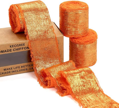 Orange Silk Chiffon Ribbon, Terracotta Frayed Shimmery Silk Ribbon by KEOSREE