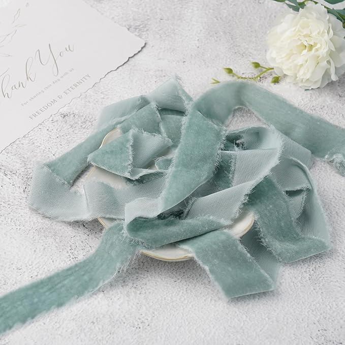 Dusty Blue Silk Velvet Ribbon 1.5 Inch French Blue Frayed Edge Ribbon Blue - Image 6