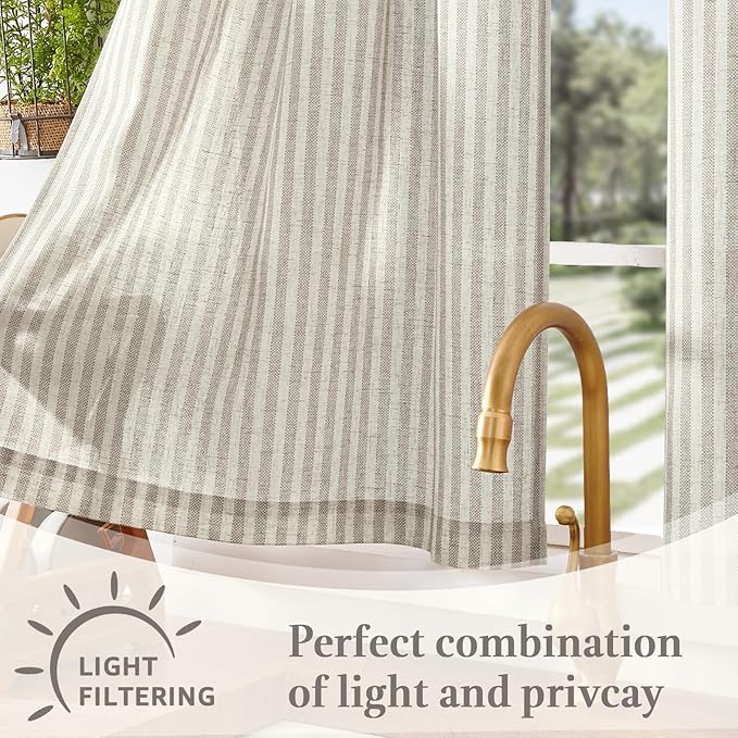jinchan Striped Linen Kitchen Curtains 20 Inches Tier Curtains Farmhouse Modern - Image 6