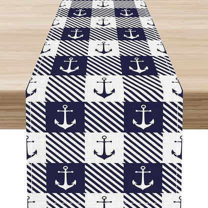 Anchor Table Runner, Nautical Navy Blue Retro Sailing Seasonal Anchor Print by Unknown