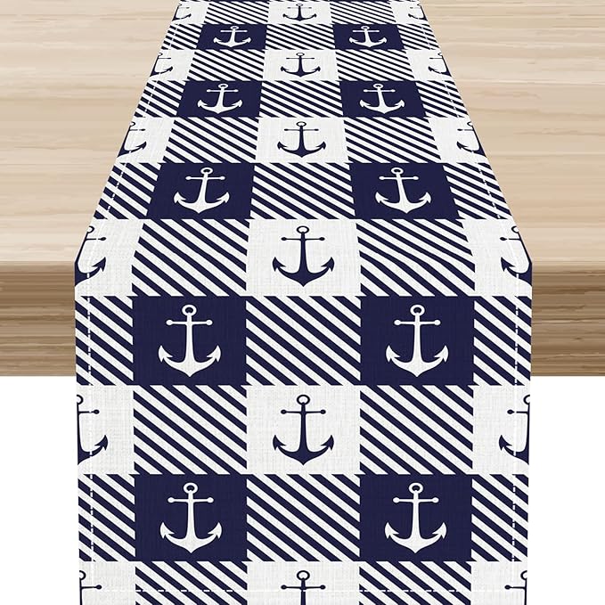 Anchor Table Runner, Nautical Navy Blue Retro Sailing Seasonal Anchor Print by Unknown