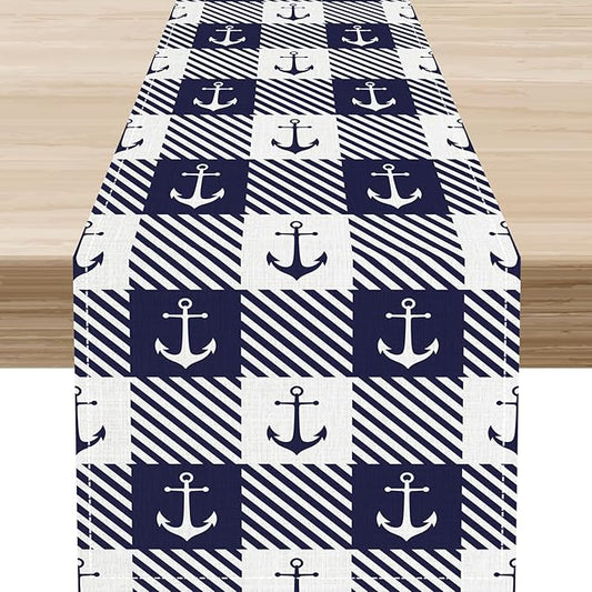 Anchor Table Runner, Nautical Navy Blue Retro Sailing Seasonal Anchor Print by Unknown