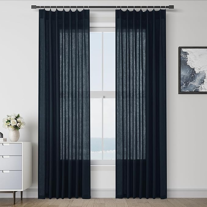 Navy Blue Pinch Pleated Linen Curtains 84 Inch Length 2 Panels by Aersas