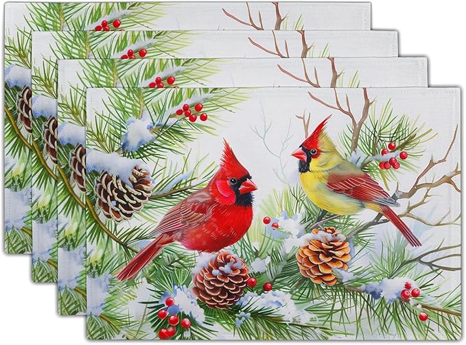 Giwawa Winter Birds Placemats Set of 4, Christmas Tree Holly Berry Pine Cones by Giwawa