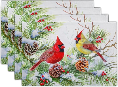 Giwawa Winter Birds Placemats Set of 4, Christmas Tree Holly Berry Pine Cones by Giwawa