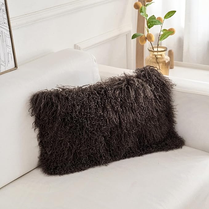 Genuine Mongolian Lamb Fur Pillow Cover – 12"x20" Rectangular Cushion Case – - Image 3