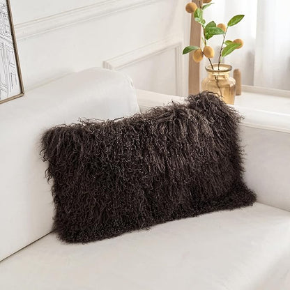 Genuine Mongolian Lamb Fur Pillow Cover – 12"x20" Rectangular Cushion Case – - Image 3