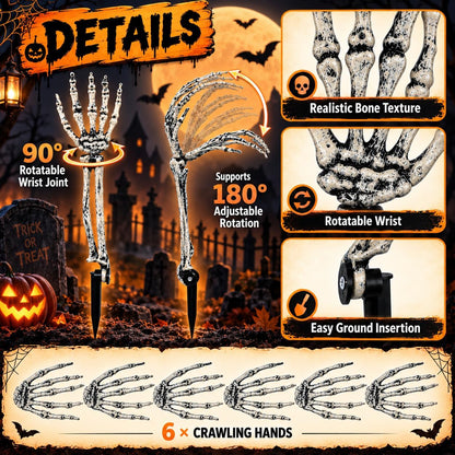 12 Pack Halloween Decorations Outdoor Skeleton Hands and Arms Yard Stakes, Realistic Graveyard Decor with Adjustable Joints, Spooky Cemetery Crawling Zombie Hands for Lawn Garden (6 Arms, 6 Hands)
