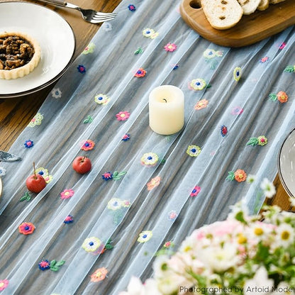 Artoid Mode Blue Embroidery Daisy Spring Gauze Table Runner 59x120 Inch 10FT - Image 5