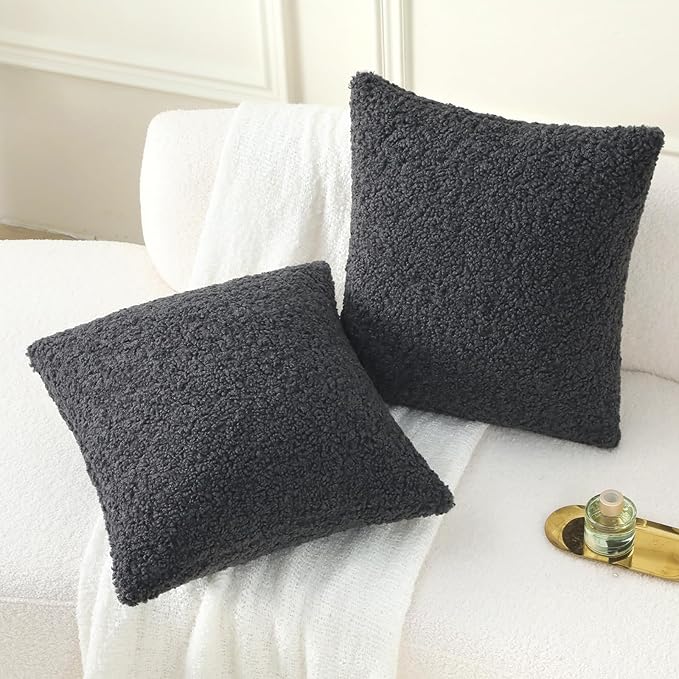 FUTEI Charcoal Throw Pillow Covers 24x24 Inch Set of 2, Furry Faux Fur Teddy - Image 5