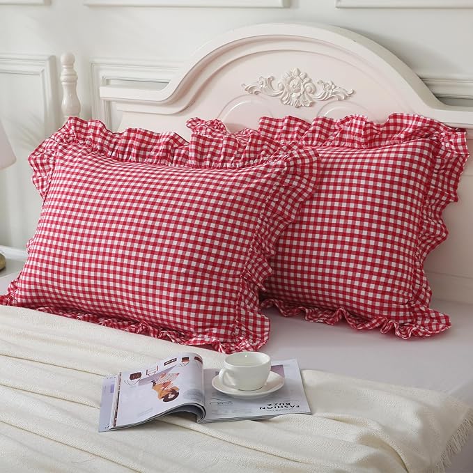 Red/White Plaid Pillow Shams Standard Size Set of 2, Shabby Checkered Washed - Image 2